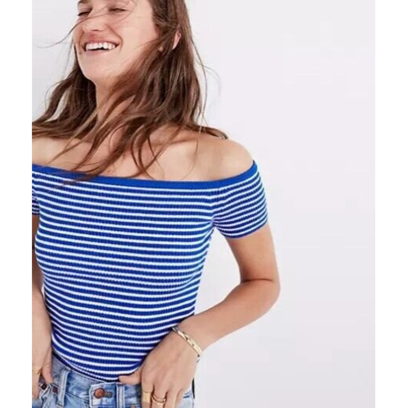 Madewell Off-the-Shoulder Sweater Top Blue White Stripes Sz S Ribbed Fitted EUC - Picture 2 of 6